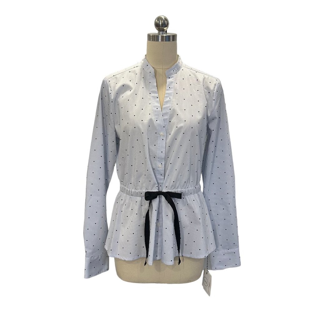 1901 Nordstrom Blue & White Stripe Blouse Dots Tie Waist V Neck LS sz S $69 NWT! - Picture 1 of 4